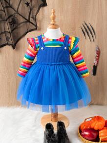 SHEIN Playful Pals 女婴彩虹条纹盖袖吊带二合一服装，秋季温暖舒适可爱风格