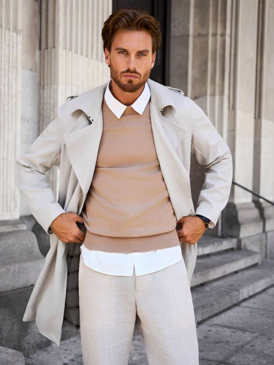 Manfinity Homme Men's Contrast Color Patchwork Casual Long Sleeve Trench Coat - Khaki - View 1