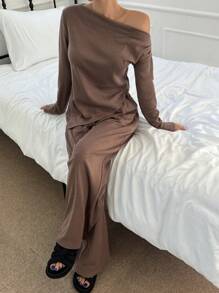 DAZY Asymmetrical Open Shoulder Casual Loungewear Set Pajama