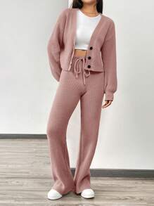 SHEIN EZwear 秋冬女士休闲纯色长袖针织开衫2件套毛衣套装 - 粉色 - 查看 6