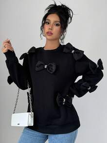Chiquease Women Oversized Bow Decor Drop Shoulder Sweatshirt - Black - View 4