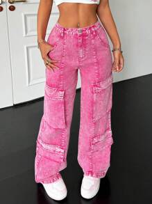 SHEIN PETITE Quần Jeans Ống Rộng Cotton Baggy Cho Nữ, Thiết Kế Gợi Cảm, Quần Cargo Cho Nữ, Quần Hồng Nóng, Quần Homecoming, Quần Jeans Baggy, Quần Jeans Nữ Baggy, Quần Jeans Cạp Thấp - Hồng - Xem 7