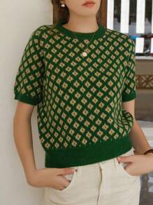 Knit Mix 法式风格女士针织通勤毛衣，花卉图案，撞色短袖T恤，适合春秋季节穿着，简约复古返校季秋季女装