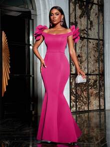 Faeriesty 别致优雅的露肩女士礼服，带有花卉装饰和美人鱼下摆 - 非常适合盛大婚礼、红毯庆典、精致舞会、著名的慈善晚会和高调的颁奖典礼 - 玫紅色 - 查看 5