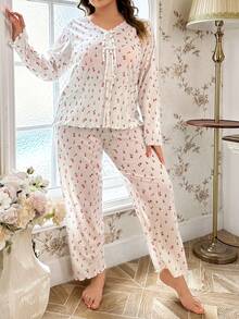 Conjunto de pijama de manga larga con lazo y estampado floral diminuto - Multicolor - Ver 3