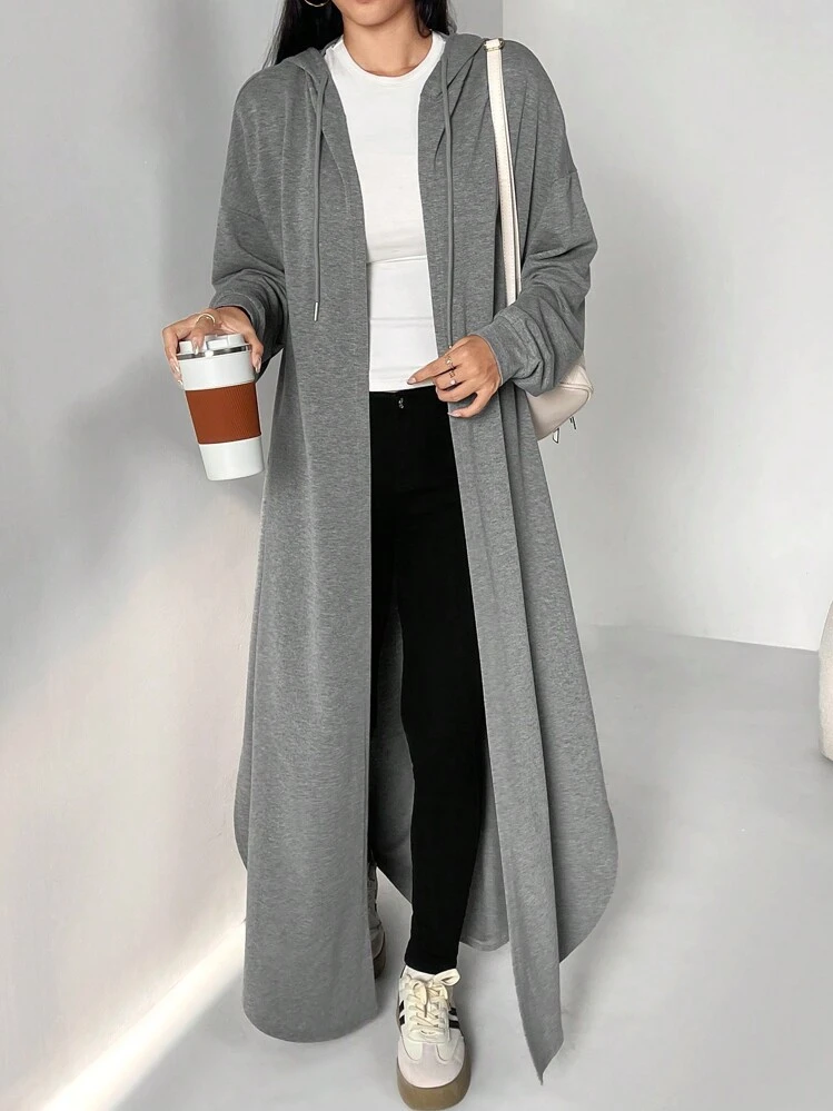 Al Najma Vrouwen Casual Effen Kleur Trekkoord Capuchon Lange Bescheiden Lange Mouw Arabische Abaya Gewaad, Lente & Herfst, Casual Arabische Kleding Lange Abaya's, Voor Casual Dagelijks/Terug naar School/Reizen - Grijs - Bekijken 5