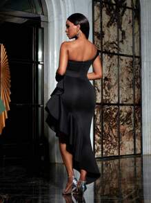 Faeriesty Sloping Neck Asymmetrical Ruffle Hem Cocktail Party Dress - Black - View 2