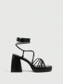 CUCCOO SZL 女士系带粗跟凉鞋春夏季度假鞋夏季性感派对坏蛋时尚别致华丽风格万圣节情人节 - 黑色 - 查看 4