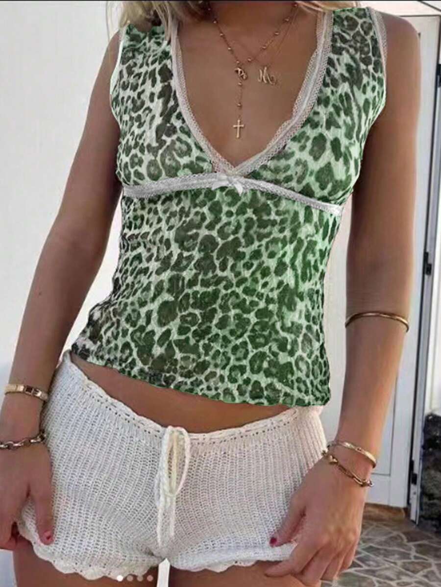 INAWLY Women Leopard Print Lace Contrast V-Neck Casual Tank Top - Green - View 1