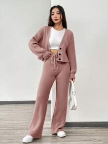 SHEIN EZwear 秋冬女士休闲纯色长袖针织开衫2件套毛衣套装 - 粉色 - 查看 4
