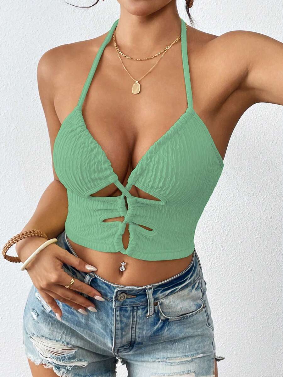 Breezaya Solid Color Halter Neck Hollow Back Sleeveless Top