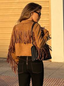 SHEIN Essnce Brown Suede Tassel Trim Women's Jacket, Bomber Women's Jacket, Mexican Women's Dress, Hippie Clothing, Winter Women's Dress, Thanksgiving Shirt, Sailor Suit, Police Woman's Clothing, Thanksgiving Woman's Clothing, Fall Clothing, Going Out Tops, Winter Women's Jacket - Khaki - View 2