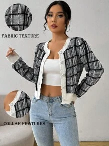 Chiquease 格紋鈕扣前開針織開衫，日常穿著首選 - 黑與白 - 查看 1