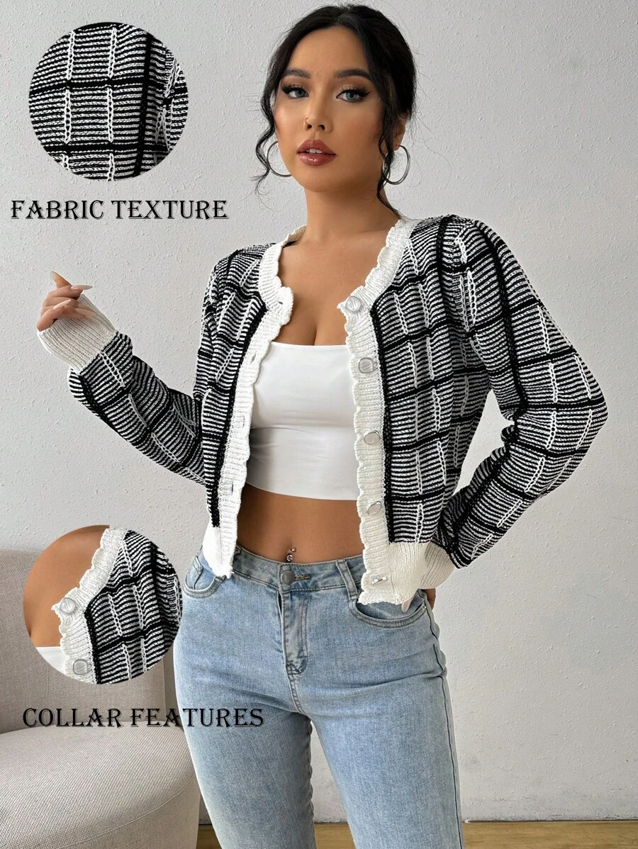 Chiquease 格紋鈕扣前開針織開衫，日常穿著首選 - 黑與白 - 查看 1