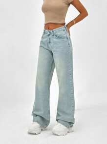 EURMUSE 100% Cotton HIGH RISE WIDELEG CUT ASYMMETRIC BELT WOMEN JEAN - Light Wash - View 4