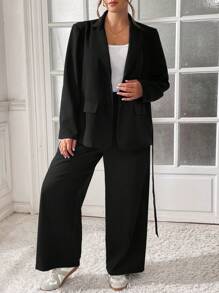 SHEIN Essnce 大码女士西装，黑色西装，西装套装，女士服装套装，女士秋季套装，女士裤装，女士套装秋季套装，秋季两件套，女士西装外套 - 黑色 - 查看 3