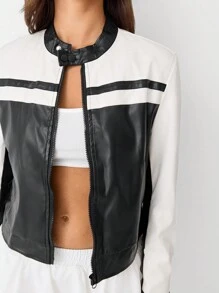 TRNVIE Solid Color Patchwork Front Zip Long Sleeve Simple Faux Leather Jacket, Casual Everyday Wear - Black - View 4