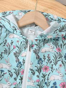 SHEIN Toddler Girls' Cute Rabbit Print Hooded Zip-Up Jacket - Green - View 7