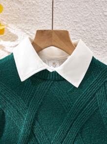 Tween Boy Casual Green Textured Crew Neck Knit Sweater, Suitable For Winter School & Travel