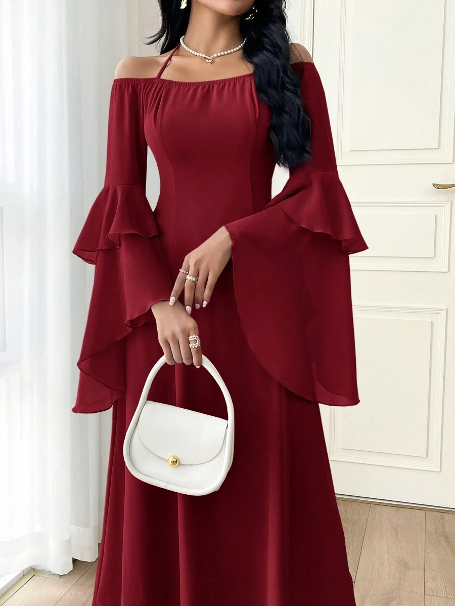 Modelyn Burgundy Red Women's Solid Color Halter Backless Ruffle Trim Casual Dress Long Evening Dresses - Burgundy - View 1