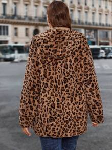 SHEIN Clasi 1pc Plus Size Hooded Zip-Up Cardigan With Leopard Print & Pockets, Casual, For Winter Fall Autumn - Brown - View 9