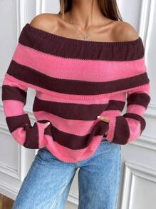 SHEIN Unity Women's Off-Shoulder Striped Long Sleeve Knit Top, Elegant And Charming, Knit Pullover Fall Winter - Multicolor - View 5