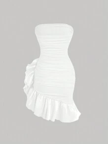 SHEIN MOD 无肩带网眼对比不对称下摆迷你连衣裙 - 白色 - 查看 2