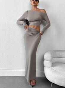 SHEIN Privé 2 件套女士不对称肩长袖 T 恤和长裙优雅休闲装 - 淺灰色 - 查看 5