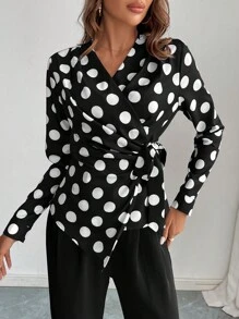 SHEIN Privé 女士优雅波尔卡圆点印花系带衬衫，秋季衬衫。适合职场女性的完美衬衫。长袖衬衫。返校节。商务休闲女士，黑白衬衫 - 彩色 - 查看 1