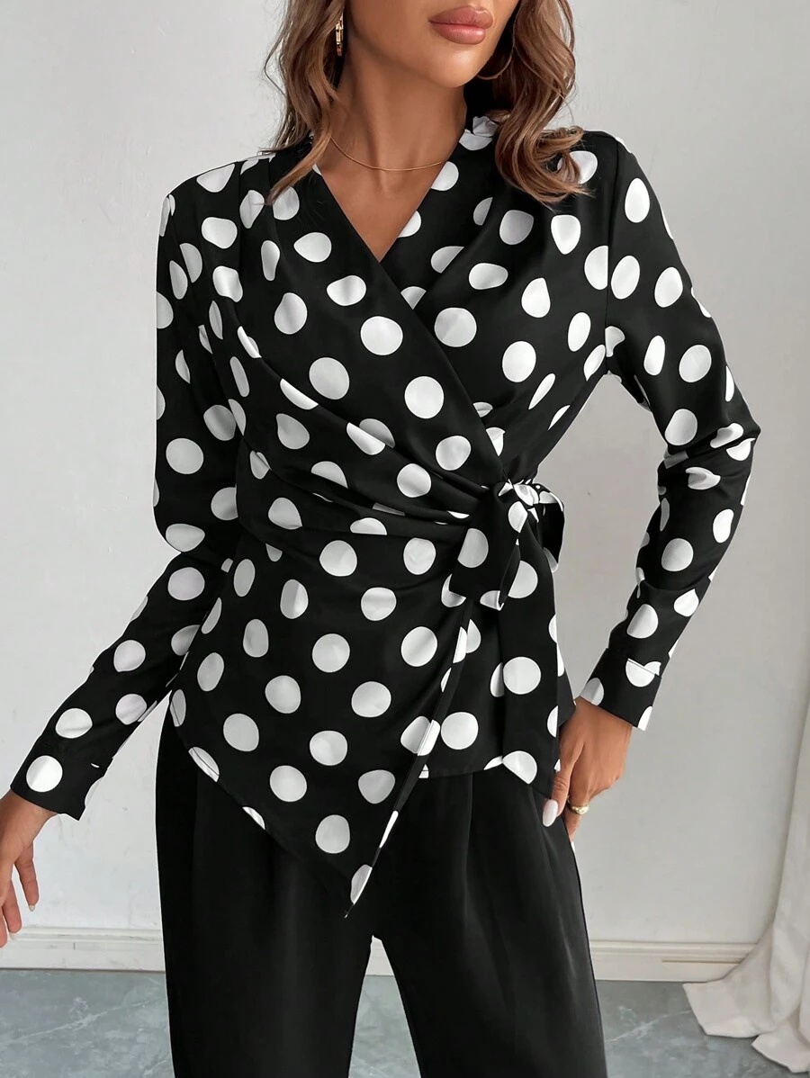 SHEIN Privé 女士优雅波尔卡圆点印花系带衬衫，秋季衬衫。适合职场女性的完美衬衫。长袖衬衫。返校节。商务休闲女士，黑白衬衫 - 彩色 - 查看 1