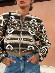 SHEIN Essnce 2024 Autumn Women's Pattern Plush Jacket, Velvet Warm Women's Jacket, Brown Short Jacket, Women's Bomber Jacket, Autumn Women's Jacket - Multicolor - View 5