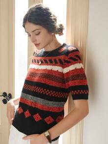 Knit Mix Áo len dệt kim họa tiết hình học thường ngày cho nữ mùa xuân/thu, cổ tròn, tay ngắn, màu tương phản, áo phông rộng rãi cho mùa hè, (In ngẫu nhiên) Ngày lễ tình nhân - màu đen - Xem 9