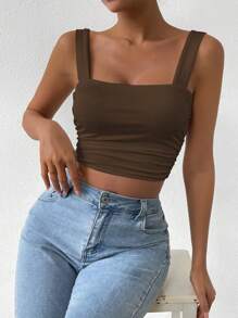 Chiquease Top sin mangas holgado de unicolor con pliegues, top corto de verano en color marrón - Café integral - Ver 6