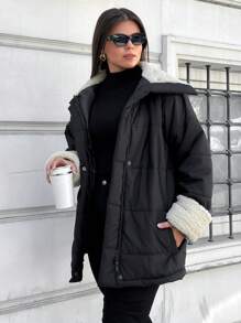 RueChic Women's Plus Padded Jacket With Fur Collar - Black - View 4