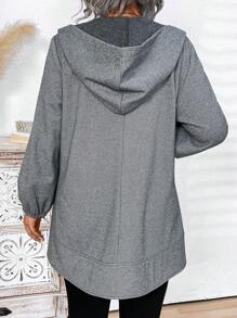 Plus Size Solid Color Long Sleeve Simple Hooded Cardigan, Casual Everyday Wear - Grey - View 2