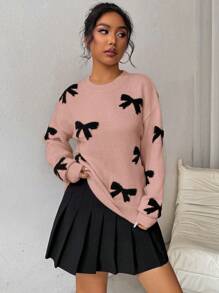 Chiquease Women's Bow Pattern Pullover Sweater, Long Sleeve Tops, Knit Pullover Fall Winter - Pink - View 3