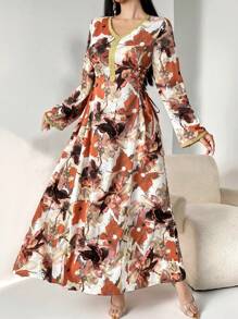 Al Najma 女式花卉印花长袖阿拉伯风格朴素连衣裙，优雅 A 字型阿拉伯卡夫坦 Jalabiya 朴素连衣裙 - 橘色 - 查看 2