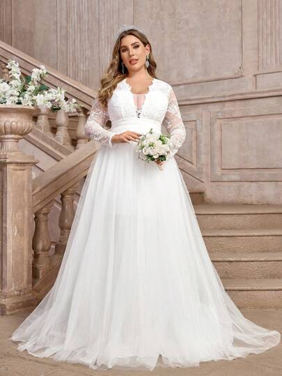 SHEIN Belle Plus Size Elegant Luxurious Romantic White V-Neck Sheer Long Sleeve French Lace Contrast Mesh Ruched Backless High Low Wedding Dress, Bridal Dress,Bride, For Valentine's Day