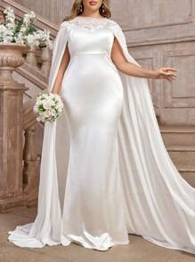 SHEIN Belle 2 件大码白色缎面拼布亮片针织优雅新娘婚纱套装，长袖新娘礼服 - 白色 - 查看 4