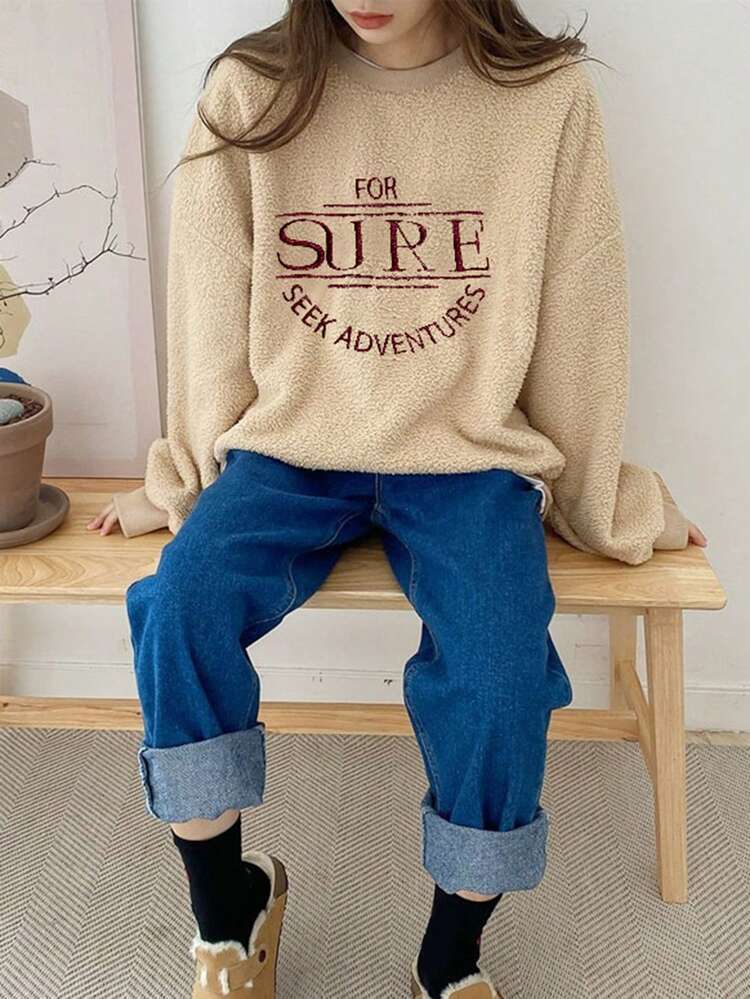 DAZY Women's Thick Letter Embroidered Fleece Sweatshirt - Khaki - View 5