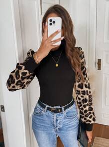 Easowa Women Seductive Black Leopard Print High Collar Puff Sleeve Blouse,Autumn Casual Commuter Elegant Top For Night Out,Business Office Wear Graphic Tees - Black - View 4