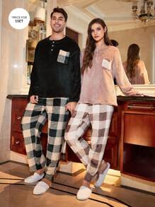 CoupledUp 男士毛绒拼色格子口袋半扣长袖睡衣套装，秋冬