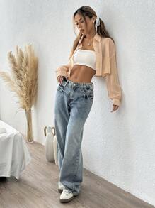 SHEIN EZwear قميص كاجوال أكمام طويلة أمامي أزرار لون أحادي قطعة واحدة - لون مشمشي - مشاهدة 4