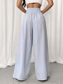 SHEIN EZwear 女士时尚抽绳腰宽松低腰条纹街头风格休闲裤 - 白色 - 查看 2