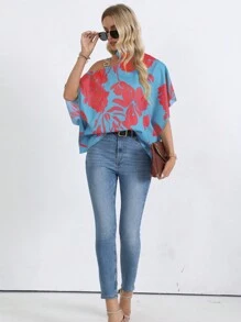 SHEIN LUNE 女裝花卉印花不對稱領口襯衫 - 藍色 - 查看 4