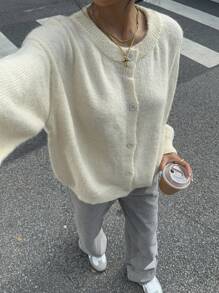 Siren Gaze 女士纯色长袖蓬松开襟毛衣 - 白色 - 查看 8