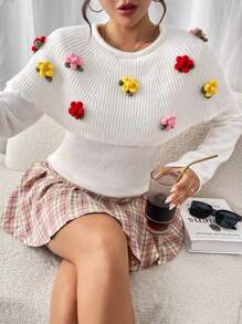 Chiquease Floral Decor Crew Neck Long Sleeve Sweater, Knit Pullover Fall Winter - White - View 4