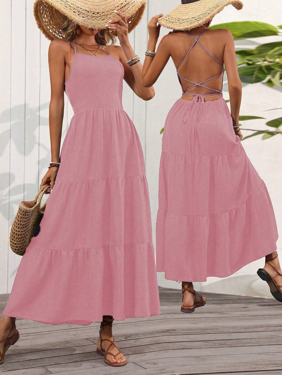 SHEIN Clasi Women's Solid Color Casual Cross Strap Dress - Baby Pink - View 1