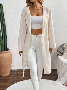 SHEIN LUNE Abrigo largo de manga larga regular de unicolor con cinturón para mujer - Albaricoque - Ver 3