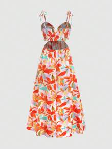 Sweetra Áo voan dài hở lưng in họa tiết hoa hở lưng dây mảnh cho nữ - Màu Cam cháy - Xem 2